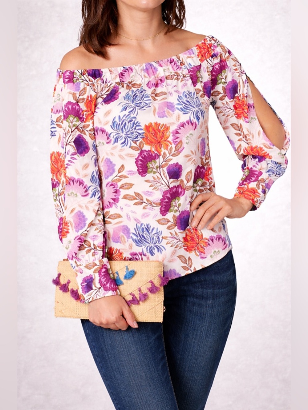 INC International Concepts Floral Off Shoulder Top Open Sleeve Boho Blouse Sz L - Picture 1 of 7